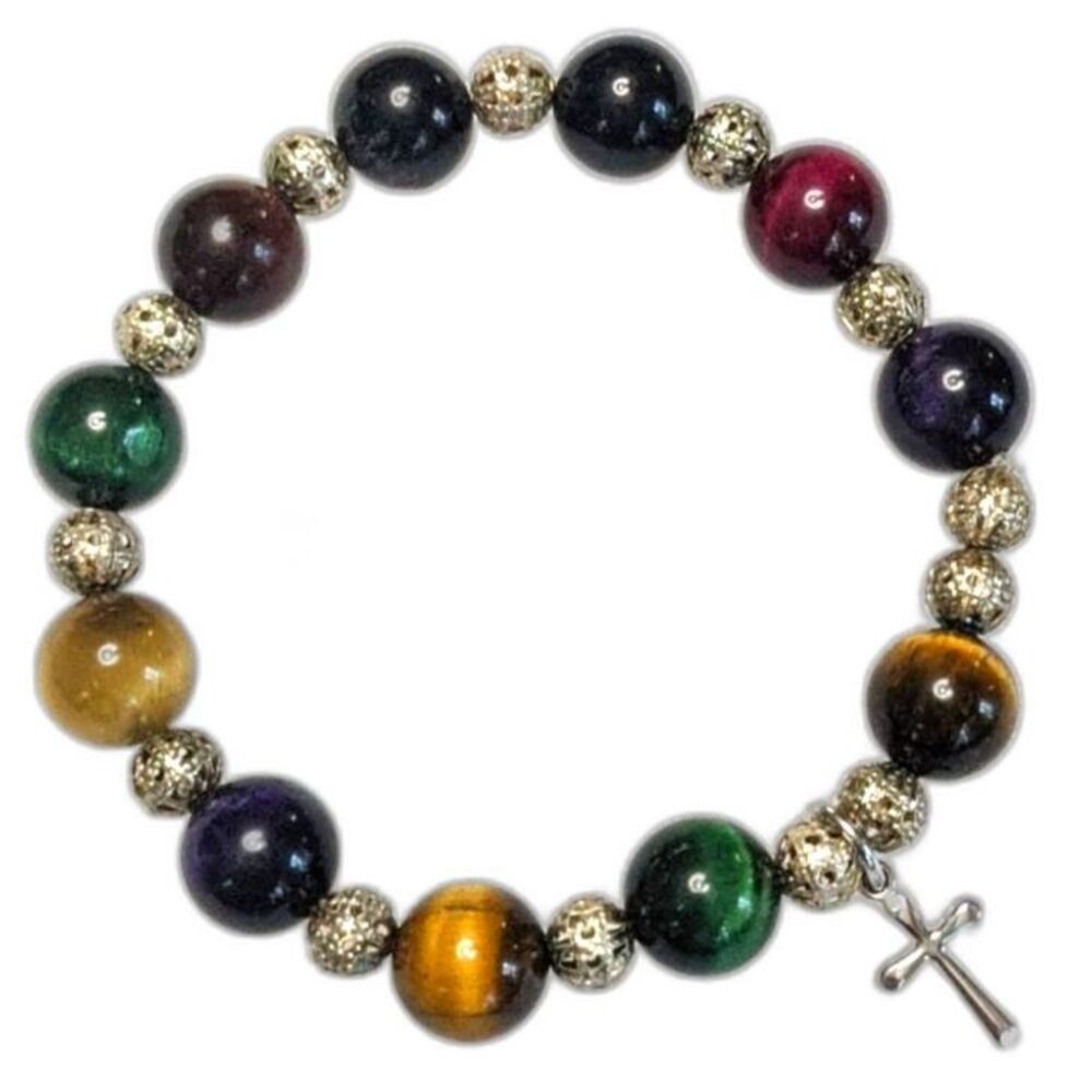 Cats Eye Stone Bead Bracelet with Silver Tone Cross Charm & Filigree Ball Beads